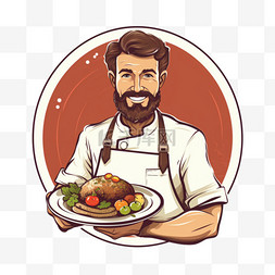 卡通背景食物背景图片_男厨师手持餐盘卡通餐厅标识手绘