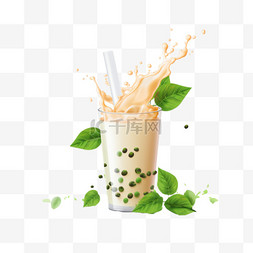 奶水和绿叶飞溅的泡泡茶横幅广告