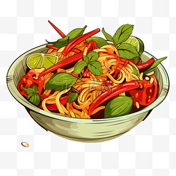 背景美食背景图片_泰国美食辣木瓜沙拉手绘卡通插图