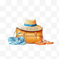 橘色人字拖图片_夏日度假背景，沙滩礼帽和沙滩人