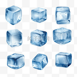 冰冷的图片_冰块逼真的蓝色集，透明背景上隔