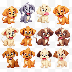动物可爱的小狗图片_一组矢量可爱的卡通狗隔离在白色