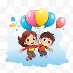 幼儿园儿童绘画图片_有男孩和女孩在气球和彩虹上的儿