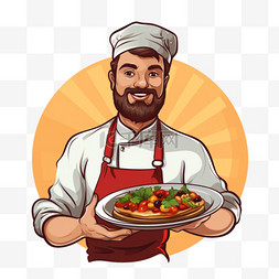 午餐卡通图片_男厨师手持餐盘卡通餐厅标识手绘