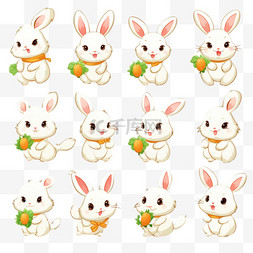 可爱的兔子与胡萝卜在不同的姿势