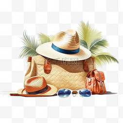 夏日度假背景，沙滩礼帽和沙滩人