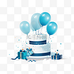 祝你生日快乐背景有气球、五彩纸屑、生日帽子和生日蛋糕，蓝白相间适合制作贺卡横幅、社交媒体海报等矢量插图