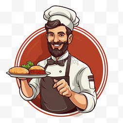 可爱卡通厨师形象图片_男厨师手持餐盘卡通餐厅标识手绘