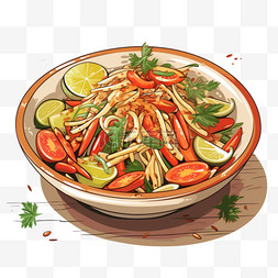 泰手绘图片_泰国美食辣木瓜沙拉手绘卡通插图