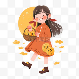 中秋节可爱的女孩拿着月饼元素手