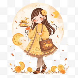 拿着月饼的女孩元素手绘中秋节