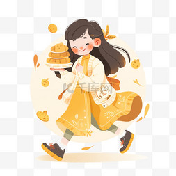 中秋节可爱的女孩拿着月饼手绘元
