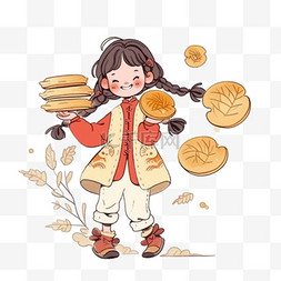 吃着月饼的女孩中秋节手绘元素