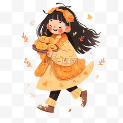 手绘中秋节可爱的女孩拿着月饼元