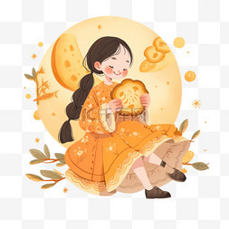吃月饼的女孩图片_吃着月饼的女孩手绘元素中秋节