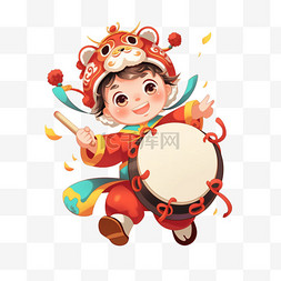 鼓中图片_中国风卡通手绘春节小孩敲鼓3
