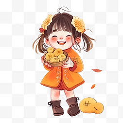 中秋节手绘可爱的女孩拿着月饼元