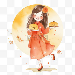 中秋节可爱的女孩拿着手绘月饼元