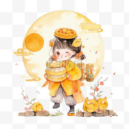中秋节吃着月饼的女孩元素手绘