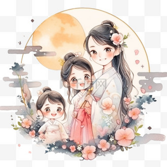 中秋节一家人团圆赏月手绘元素