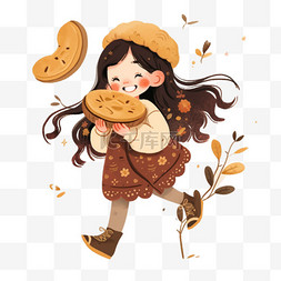 吃着月饼的女孩中秋节元素手绘