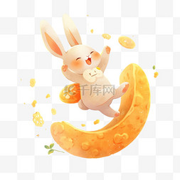 中秋节卡通可爱兔子望着月亮元素