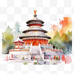 建筑天坛元素免抠水彩画