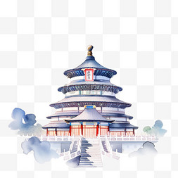 建筑纯色背景图片_天坛建筑水彩画元素免抠