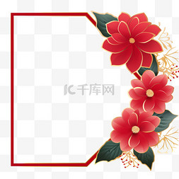 新年花朵边框装饰图片_中式方形红底边框免抠元素