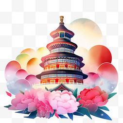 天坛图片_手绘元素天坛建筑彩绘牡丹花