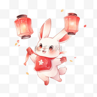 手绘跳跃兔子图片素材_中秋节兔子灯笼卡通元素