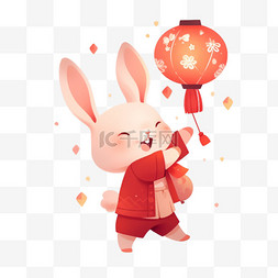 手绘跳跃兔子图片_中秋节卡通兔子灯笼手绘元素