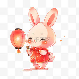 手绘跳跃兔子图片_中秋节元素兔子灯笼卡通