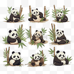 手绘卡通可爱熊猫在竹子上玩耍3