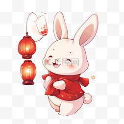 手绘跳跃兔子图片_卡通中秋节免抠兔子灯笼元素手绘