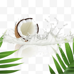 波霸椰果奶茶图片_椰奶飞溅，棕榈叶波克背景。3