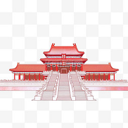 建筑红色故宫工笔画手绘元素