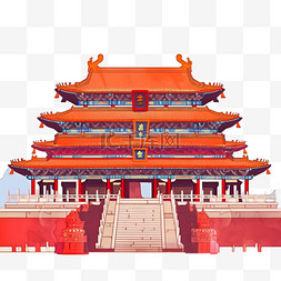 红色故宫背景图片_手绘元素免抠故宫建筑红色