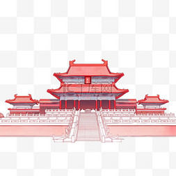 简约红色背景图片_建筑故宫红色工笔画手绘元素