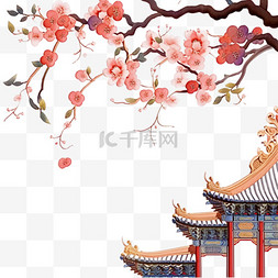 梅花背景素材图片_手绘元素故宫一角梅花