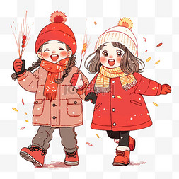背景烟花图片_新年手绘拿着烟花的孩子元素卡通