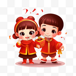 新年拜年插画图片_中国年拜年孩童喜庆贺新年插画元