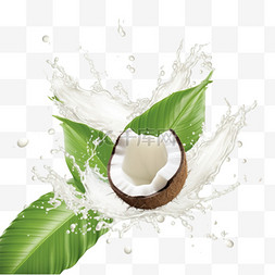 鲜榨饮品海报图片_椰奶飞溅，棕榈叶波克背景。2