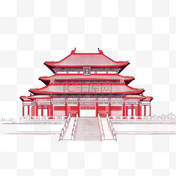 简约红色背景图片_故宫建筑红色工笔画手绘元素