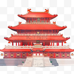 红色故宫背景图片_建筑元素免抠手绘故宫红色