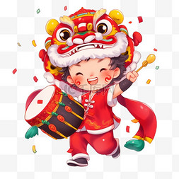 孩子敲鼓新年戴着狮子帽的手绘元