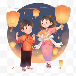 中元节卡通可爱的孩子放孔明灯元