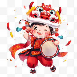 孩子敲鼓新年戴着狮子帽的卡通元