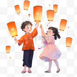 卡通中元节可爱的孩子放孔明灯元