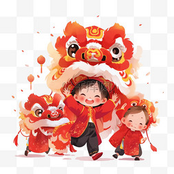 红色狮子图片_新年元素孩子舞动狮子卡通手绘